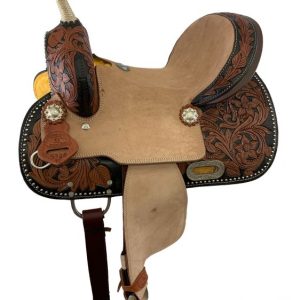 12" Double T Youth barrel style hard seat saddle with a two-tone floral tooling
