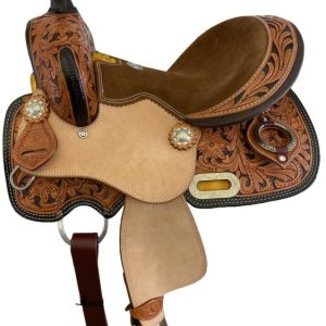 12" Double T Youth barrel style saddle set with a two-tone floral tooling