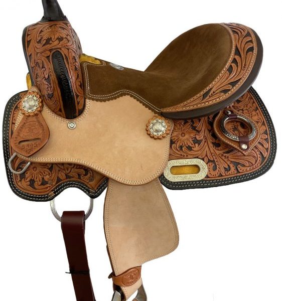12" Double T Youth barrel style saddle set with a two-tone floral tooling