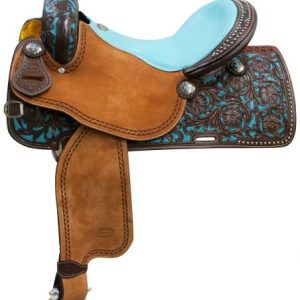 14",15", 16" Showman ® Argentina cow leather barrel saddle teal painted tooling