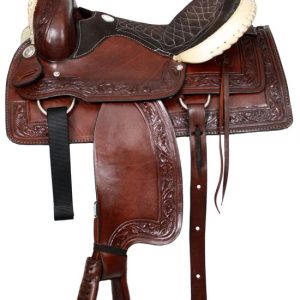 16" Buffalo roper style saddle with silver laced rawhide cantle and pommel