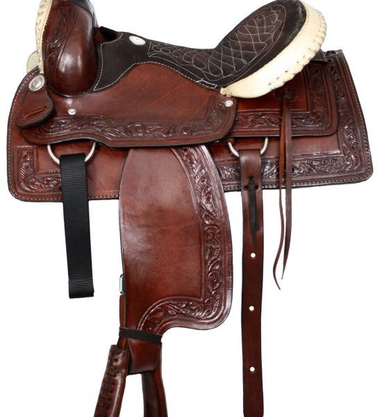16" Buffalo roper style saddle with silver laced rawhide cantle and pommel